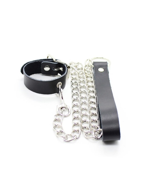 Ohmama Collar Para Pene & Correa Piel Con Cadena Metalica